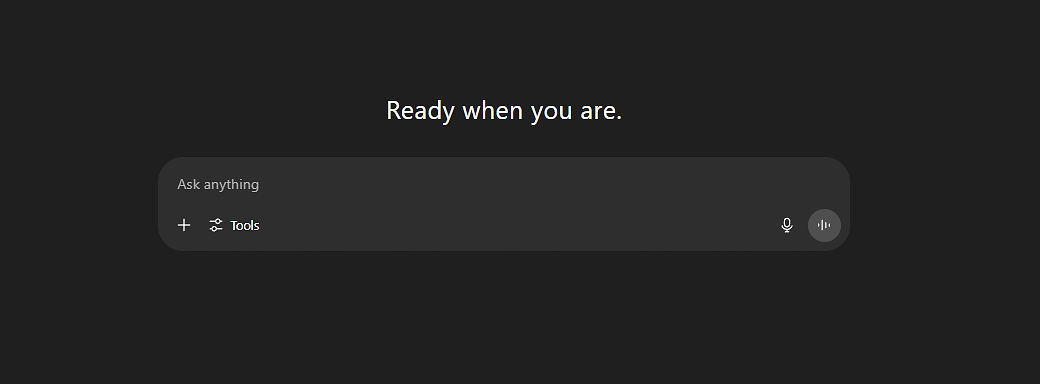Screenshot of ChatGPT empty text box with only a prompt for the user saying 'Ready when you are'