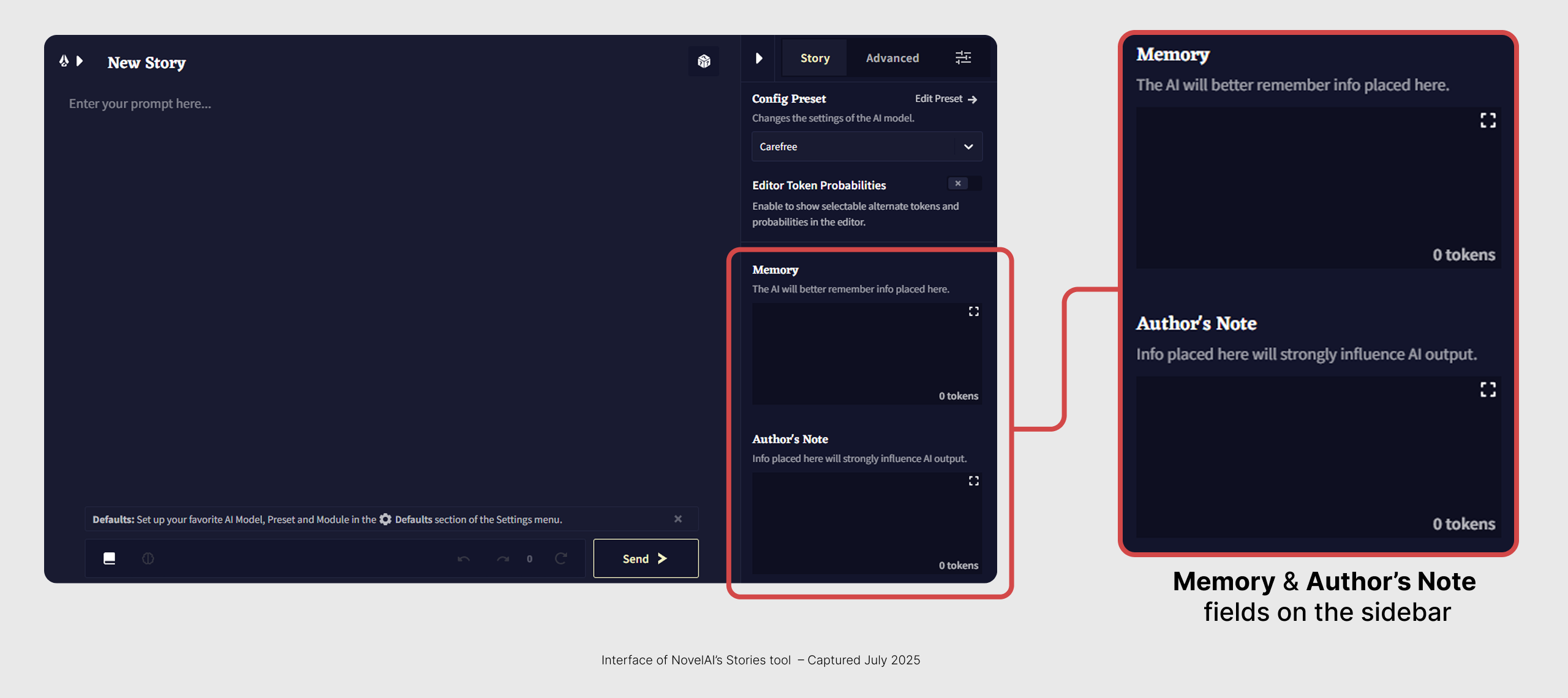 Screenshot of interface of Novel AI’s Stories tool